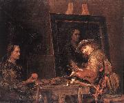 GELDER, Aert de Self-Portrait at an Easel Painting an Old Woman  sgh oil painting on canvas